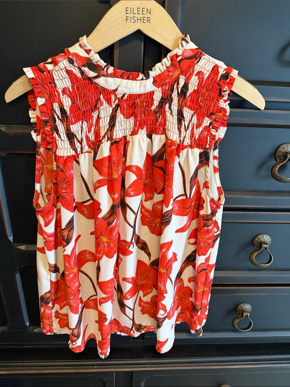 Kenar Red and Cream Floral Smocked Sleeveless Camisole